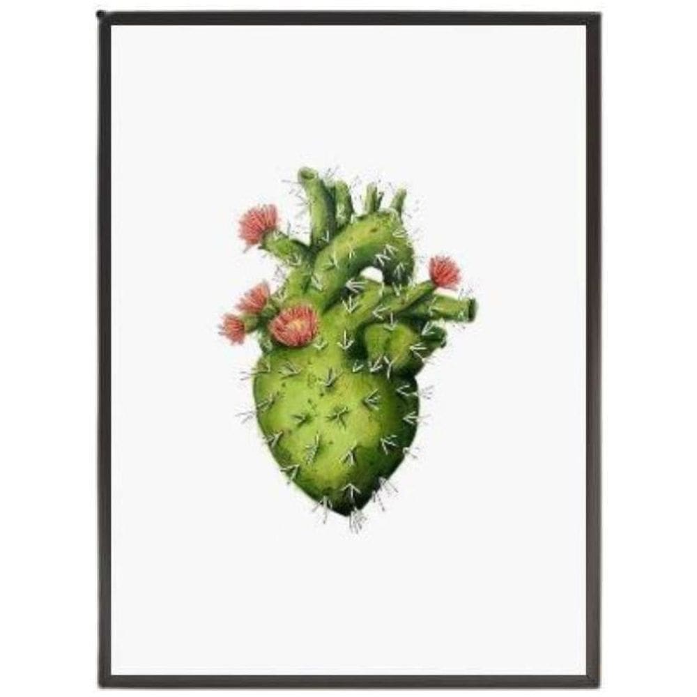 Quadro Decorativo Coração De Cacto 33X24 Com Vidro - Preta