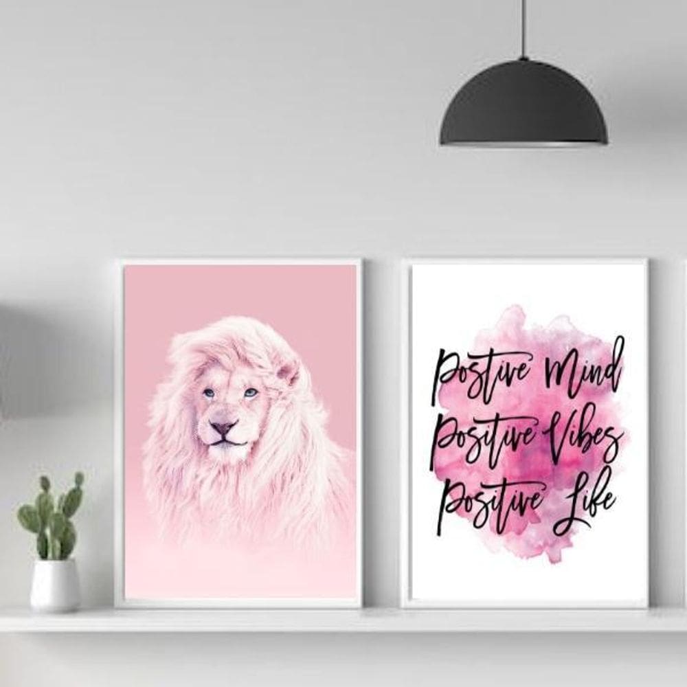 Kit 2 Quadros Leão Rosa Positive Vibes 45x34cm - com Vidro