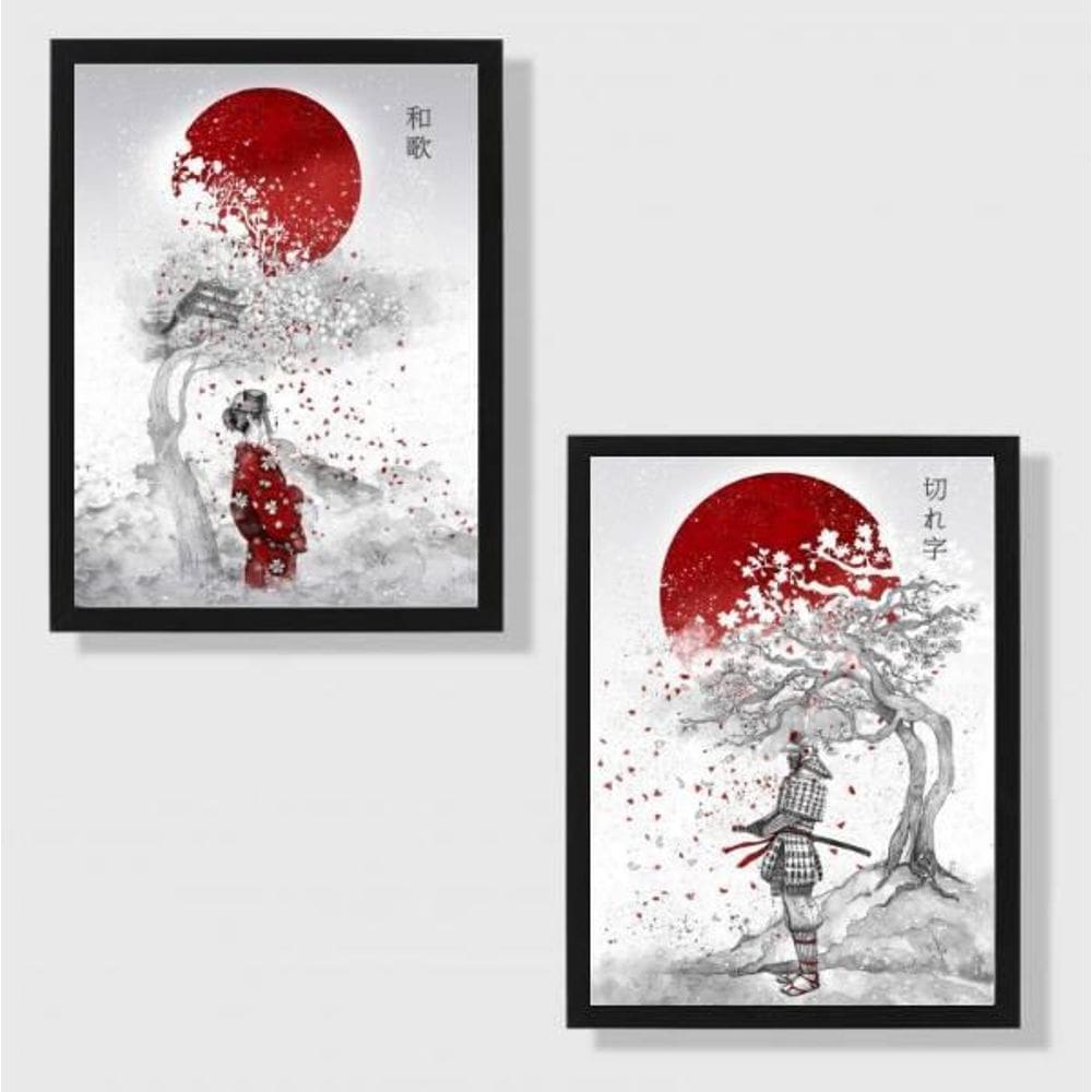 Kit 2 Quadros Decorativos Arte Japonesa 33X24 Moldura Preta