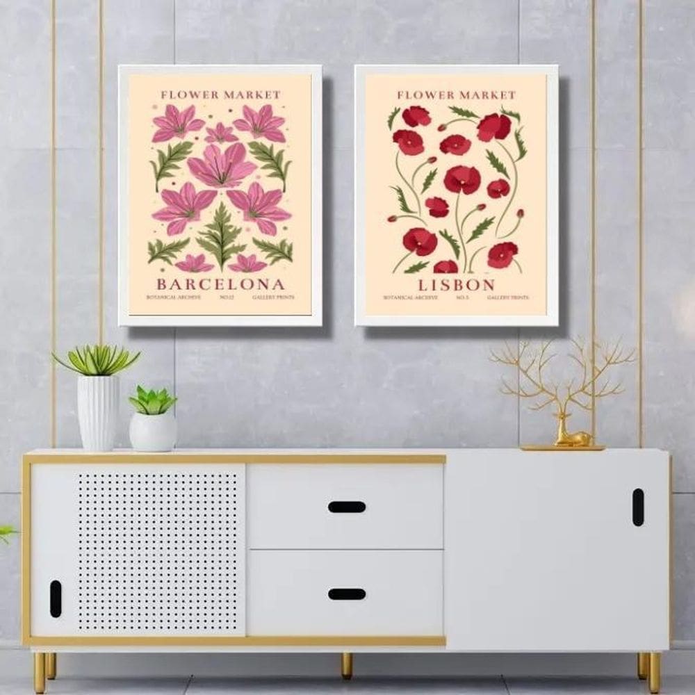 Kit 2 Quadros Flower Market Lisboa E Barcelona 33X24Cm Vidro