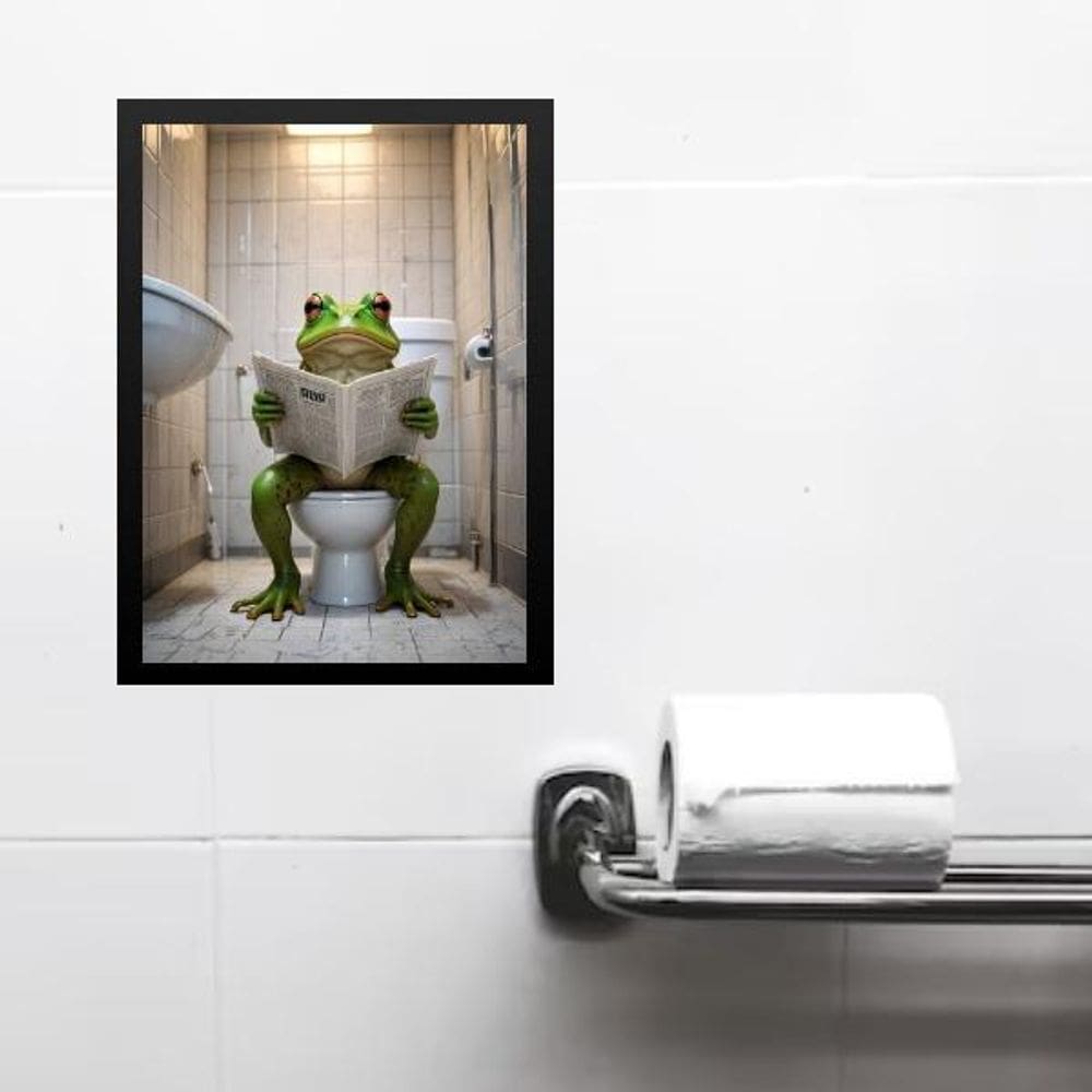 Quadro Divertido Banheiro Rã Lendo Jornal 33X24Cm - Vidro