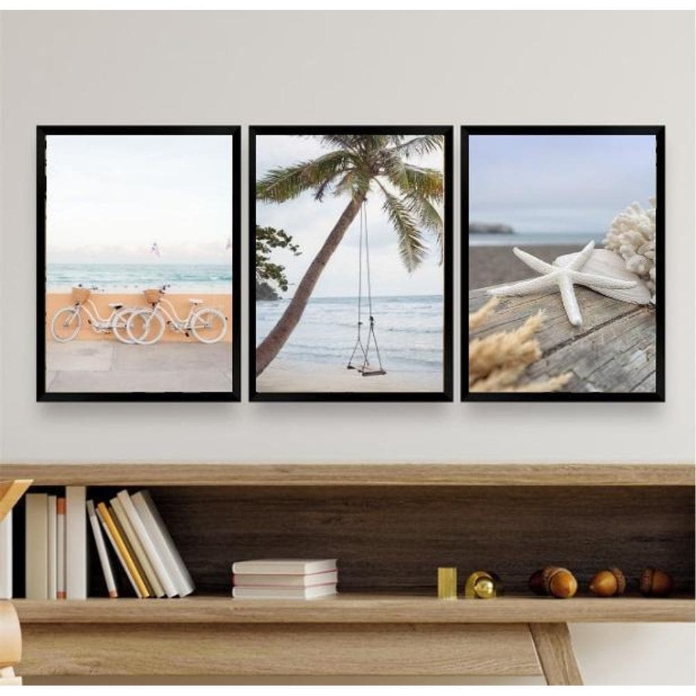 Kit 3 Quadros Decorativos Praia Soft 33x24cm - Pretos