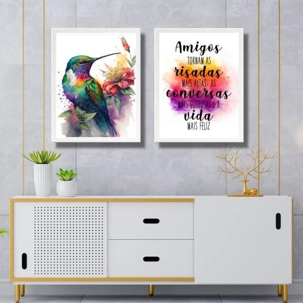 Kit 2 Quadros Amizade Beija-Flor 24X18Cm - Com Vidro