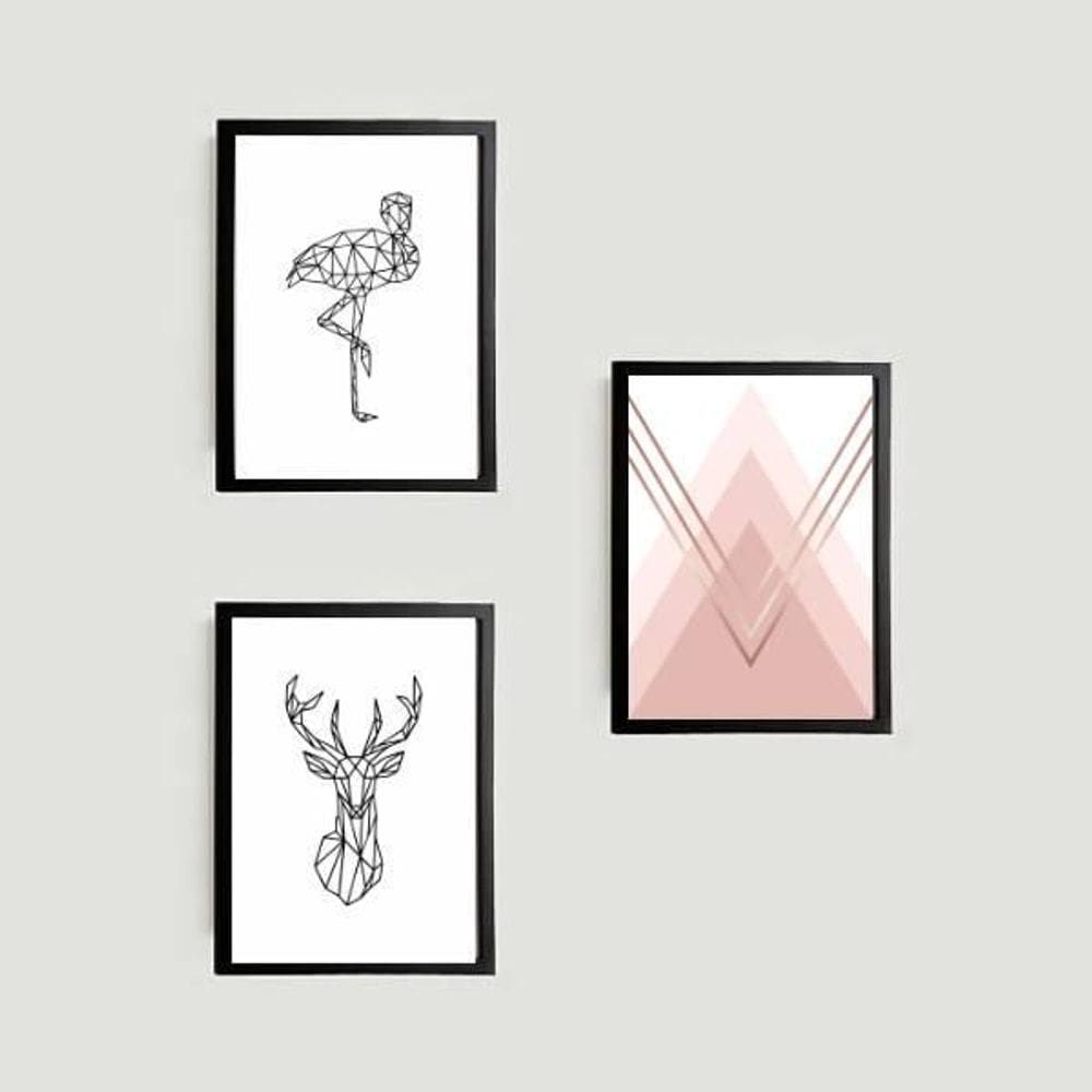 Kit 3 Quadros Flamingo E Alce Geométrico 33X24Cm - Com Vidro