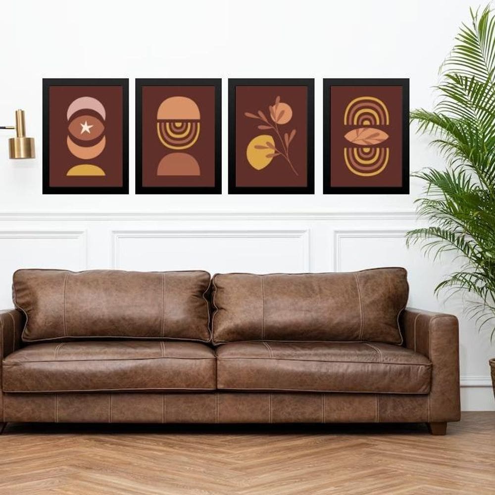 Kit 4 Quadros Artes Escandinavas Marrom E Mostarda 33X24Cm