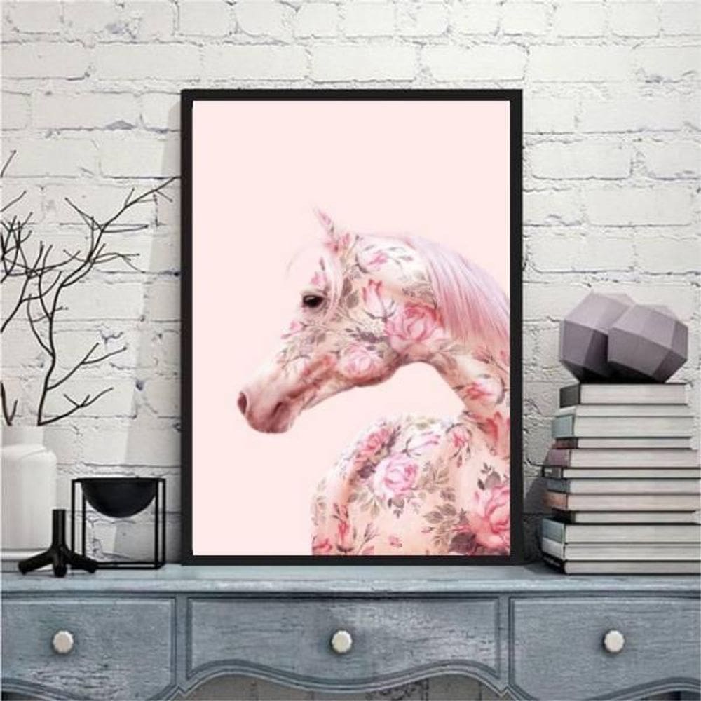 Quadro Decorativo Cavalo Rosa Com Flores 33X24 C/Vidro Preta
