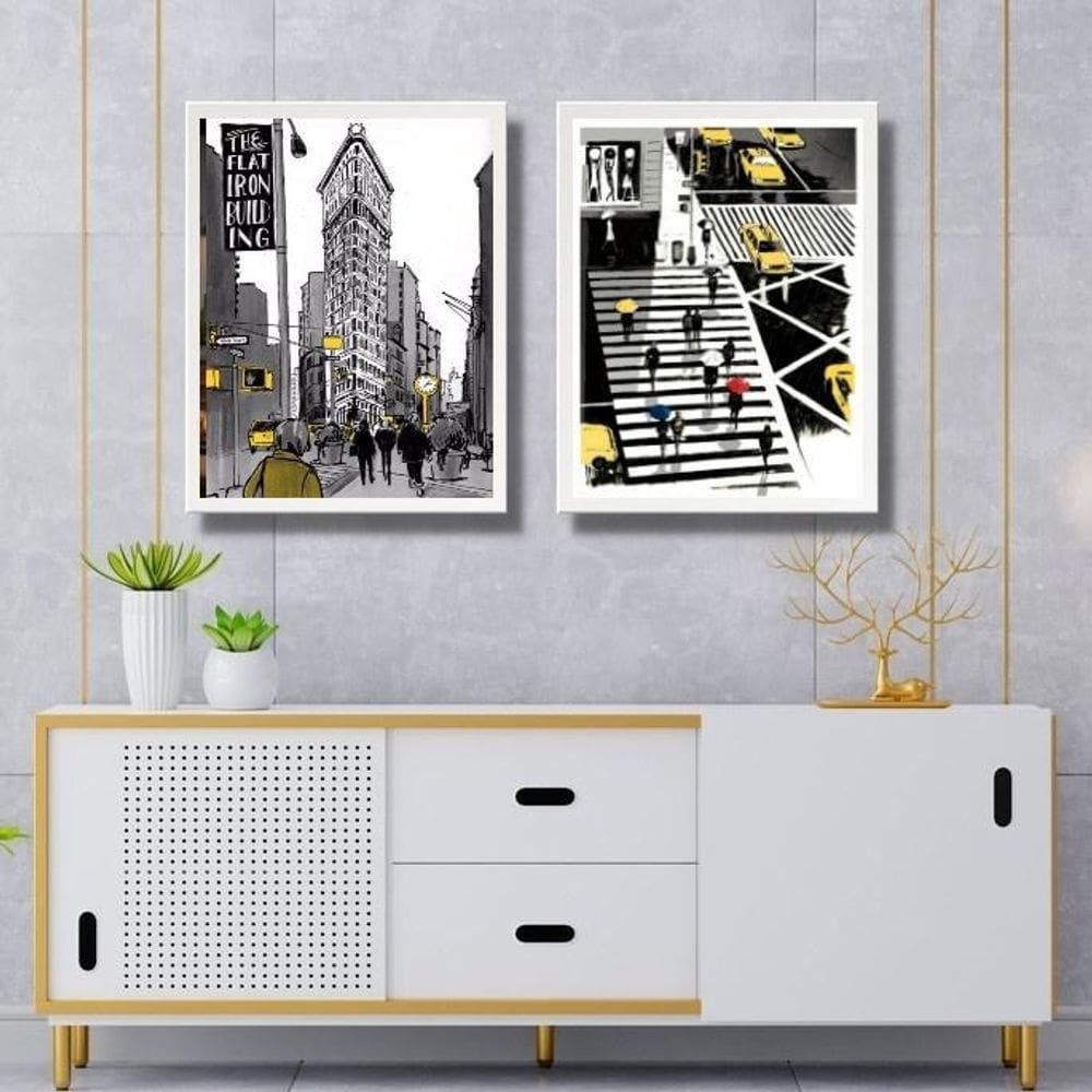 Kit 2 Quadros Figurativos New York Preto Amarelo 24X18Cm