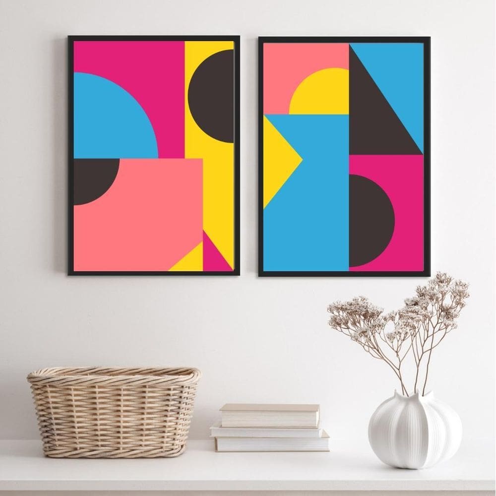 Kit 2 Quadros Abstratos Azul Rosa Amarelo 33x24cm - Com Vidro