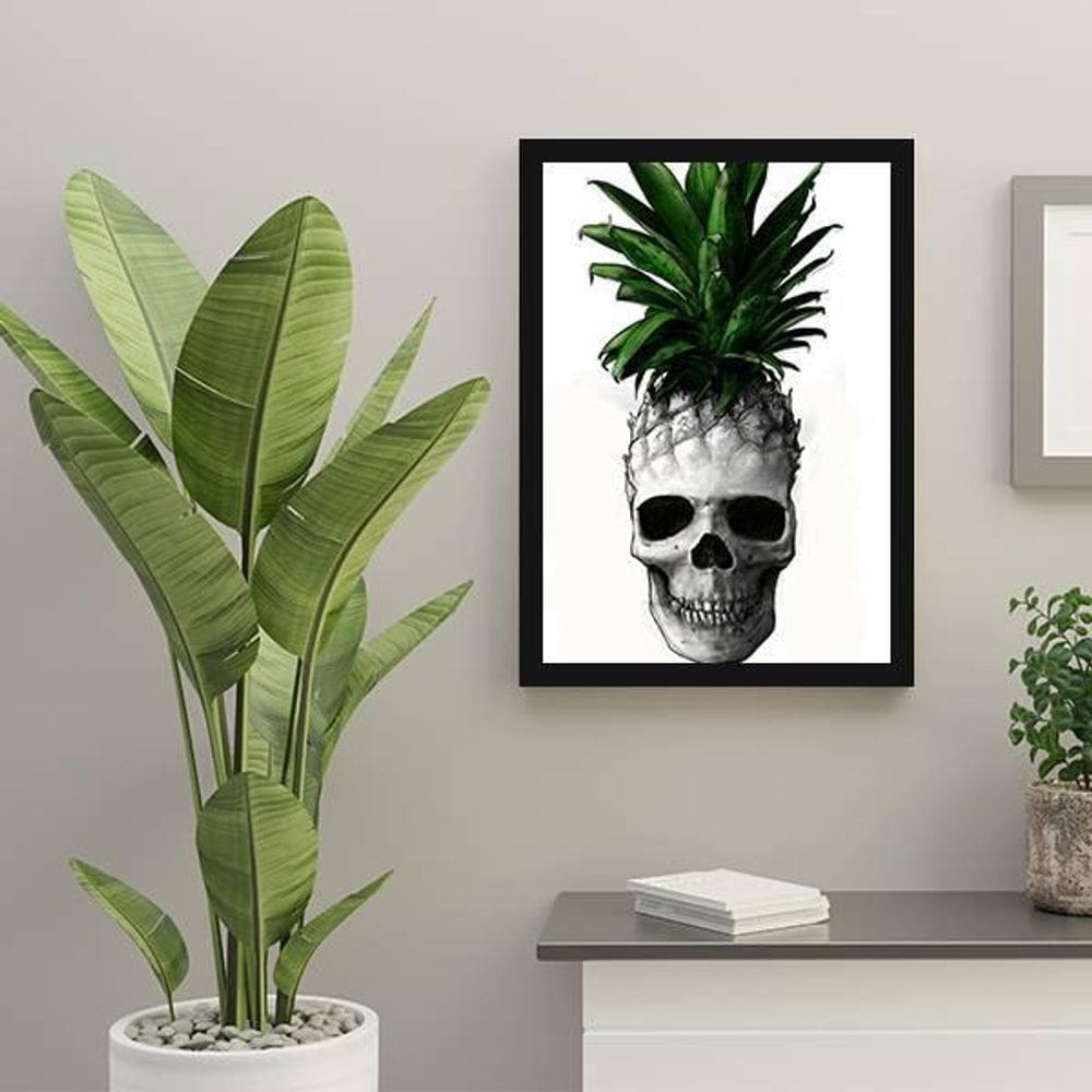 Quadro Caveira Abacaxi 33X24Cm - Com Vidro - Madeira Preta