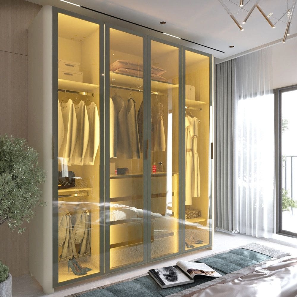 Guarda Roupa Modulado com LED e Vidro Reflecta 4 Portas e Pes Em MDF Innova Gelius