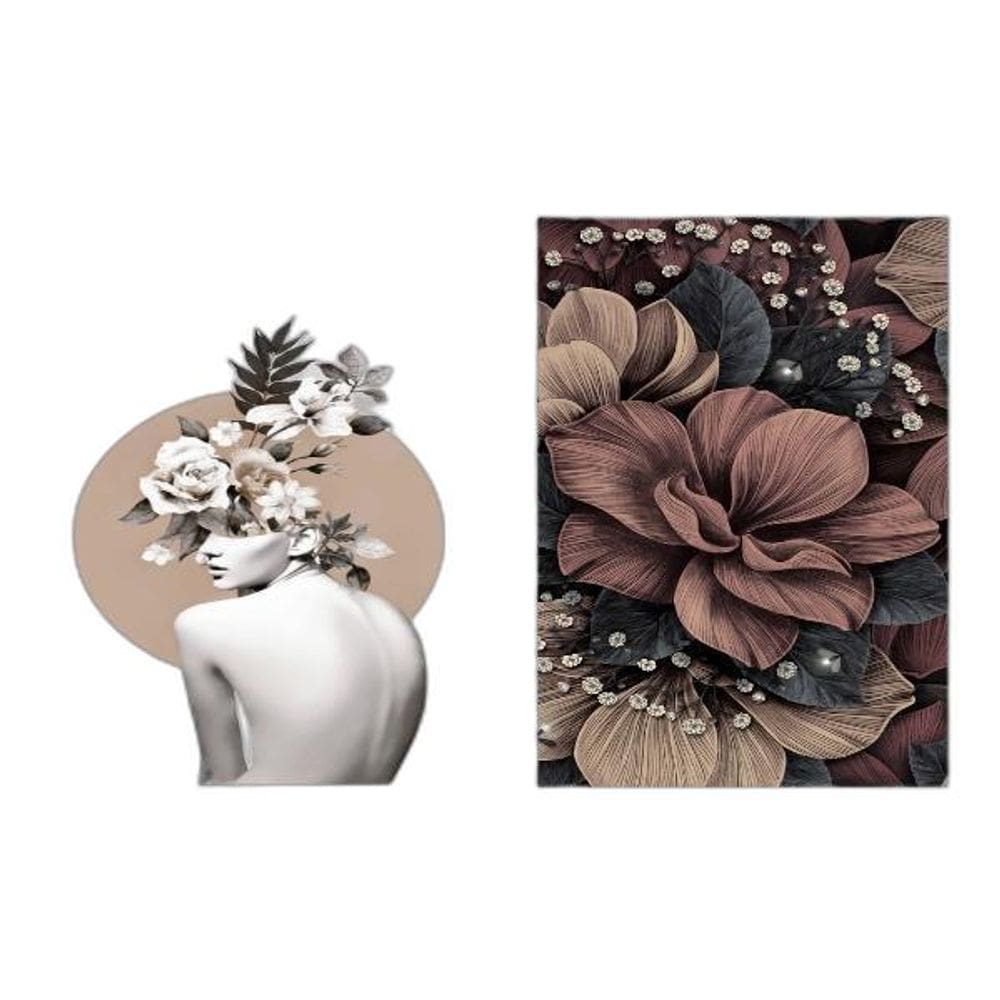 Kit 2 Quadros Mulher Flores Marrons 24X18Cm Com Vidro Branca