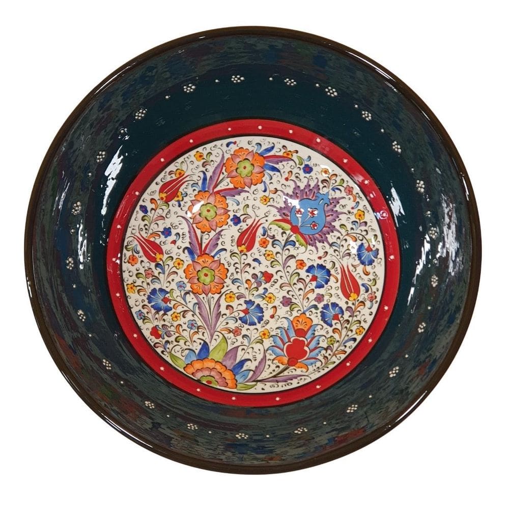 Centro De Mesa Turco Pintado De Cerâmica Verde Escuro 30Cm