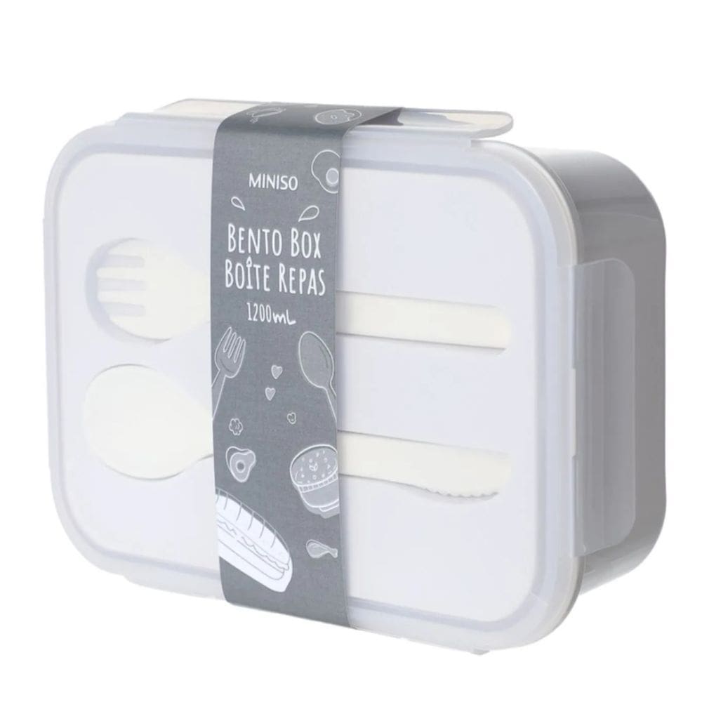 Pote Marmita Bento Box Retangular 1200ml Com Talheres Cinza