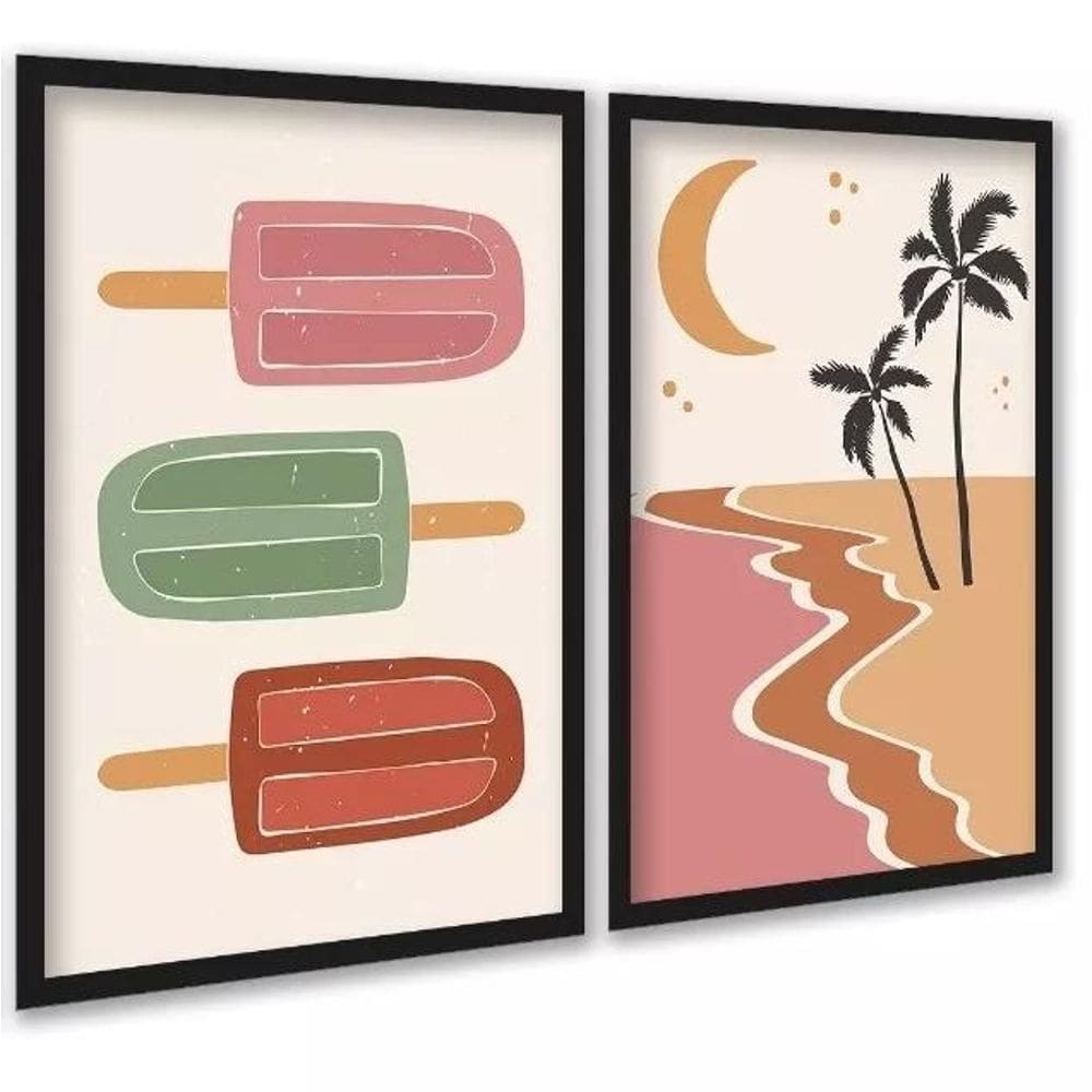 Kit 2 Quadros Decorativos Praia - Picolés 33X24Cm