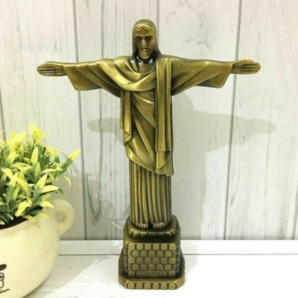 Miniatura 20 Cm Monumento Cristo Redentor Decoração De Metal