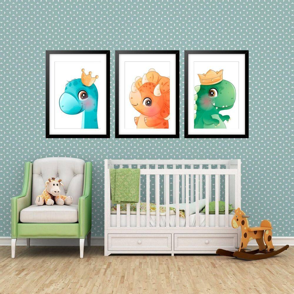 Kit 3 Quadros Grandes Quarto Infantil Dino Baby 60X48Cm