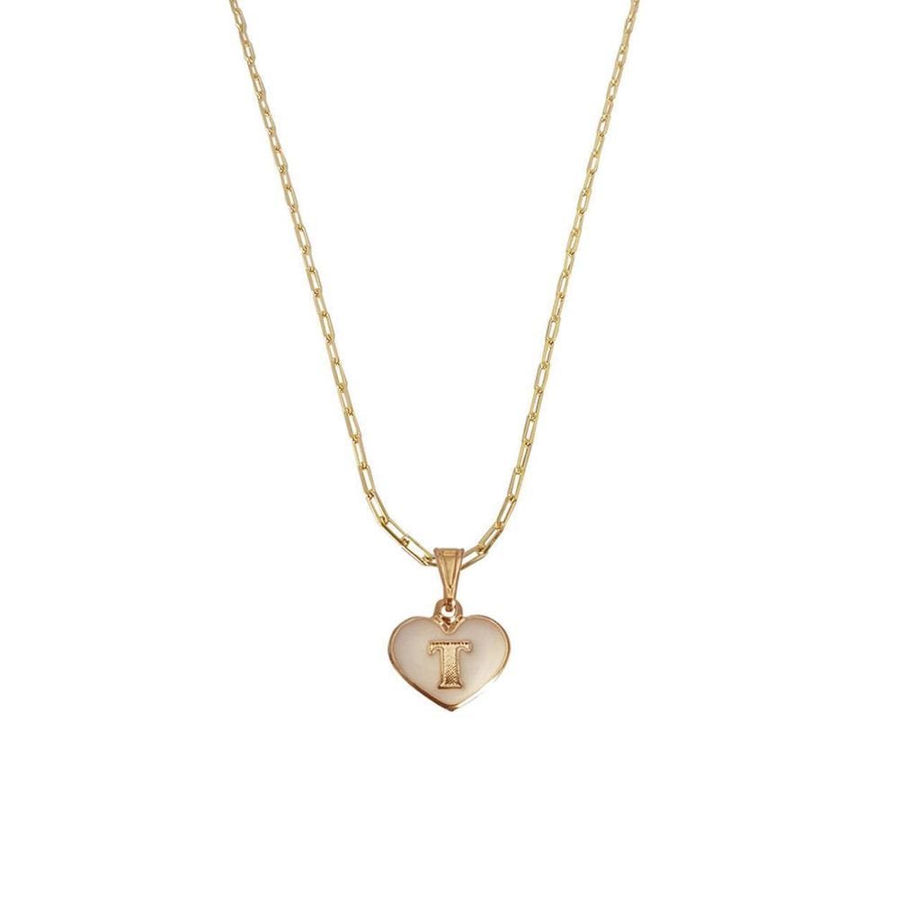 Colar Cartier 45Cm Coração Branco Letra T Banhado Ouro 18K