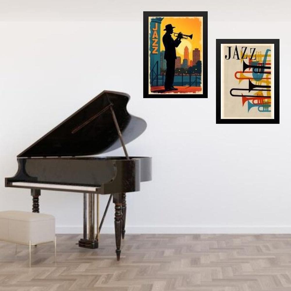 Kit 2 Quadros Músicos Jazz - Trompete 33X24Cm - Com Vidro