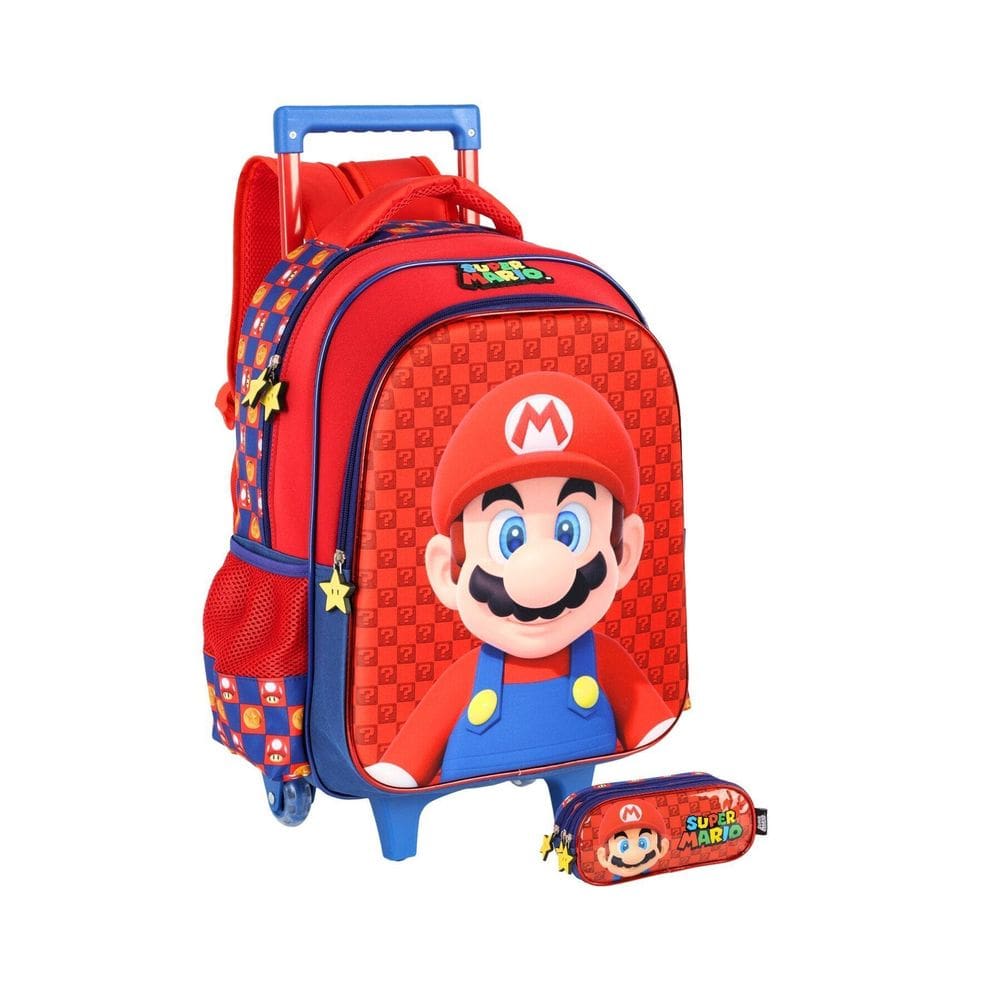 Kit Escolar Super Mario Mochila Roda + Estojo Triplo - Azul