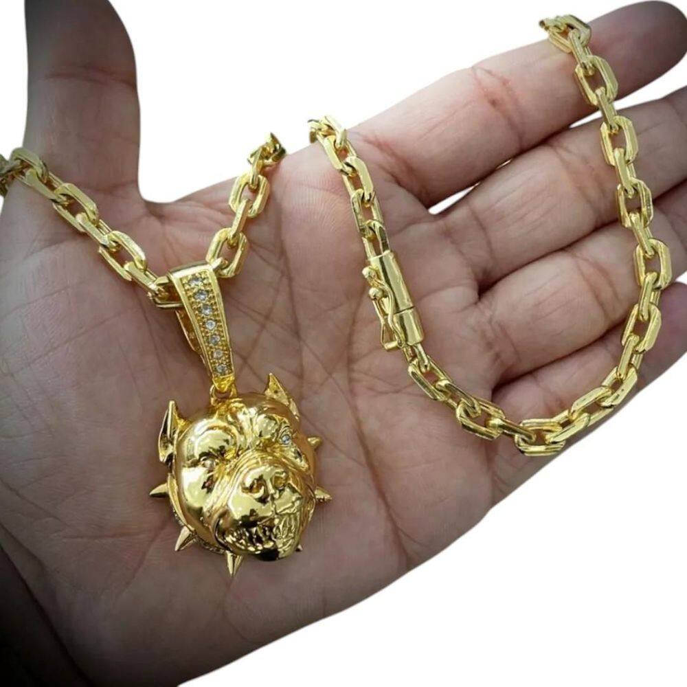 Cordão 6Mm Cadeado + Pingente Pitbull - Banhado A Ouro