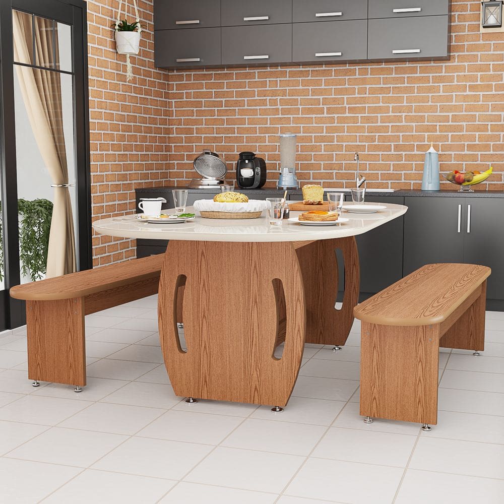 Mesa De Jantar Oval Com Tampo De Vidro E 2 Bancos Para Sala de Jantar