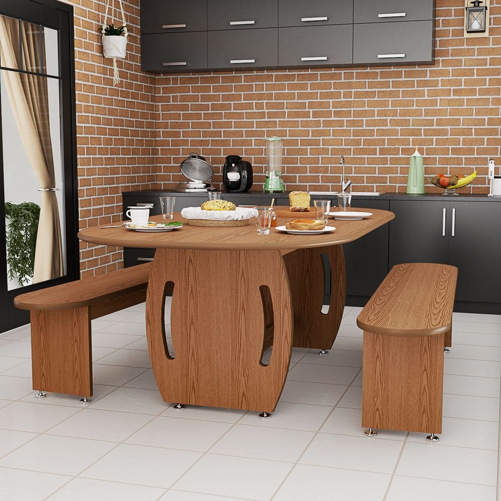 Mesa De Jantar Oval Com Tampo De Vidro E 2 Bancos Em MDF Para Sala E Cozinha