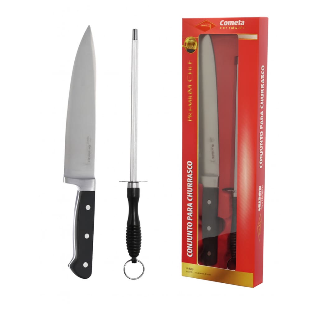 Kit Faca E Chaira Corneta Chef Inox P/ Churrasco 2 Peças