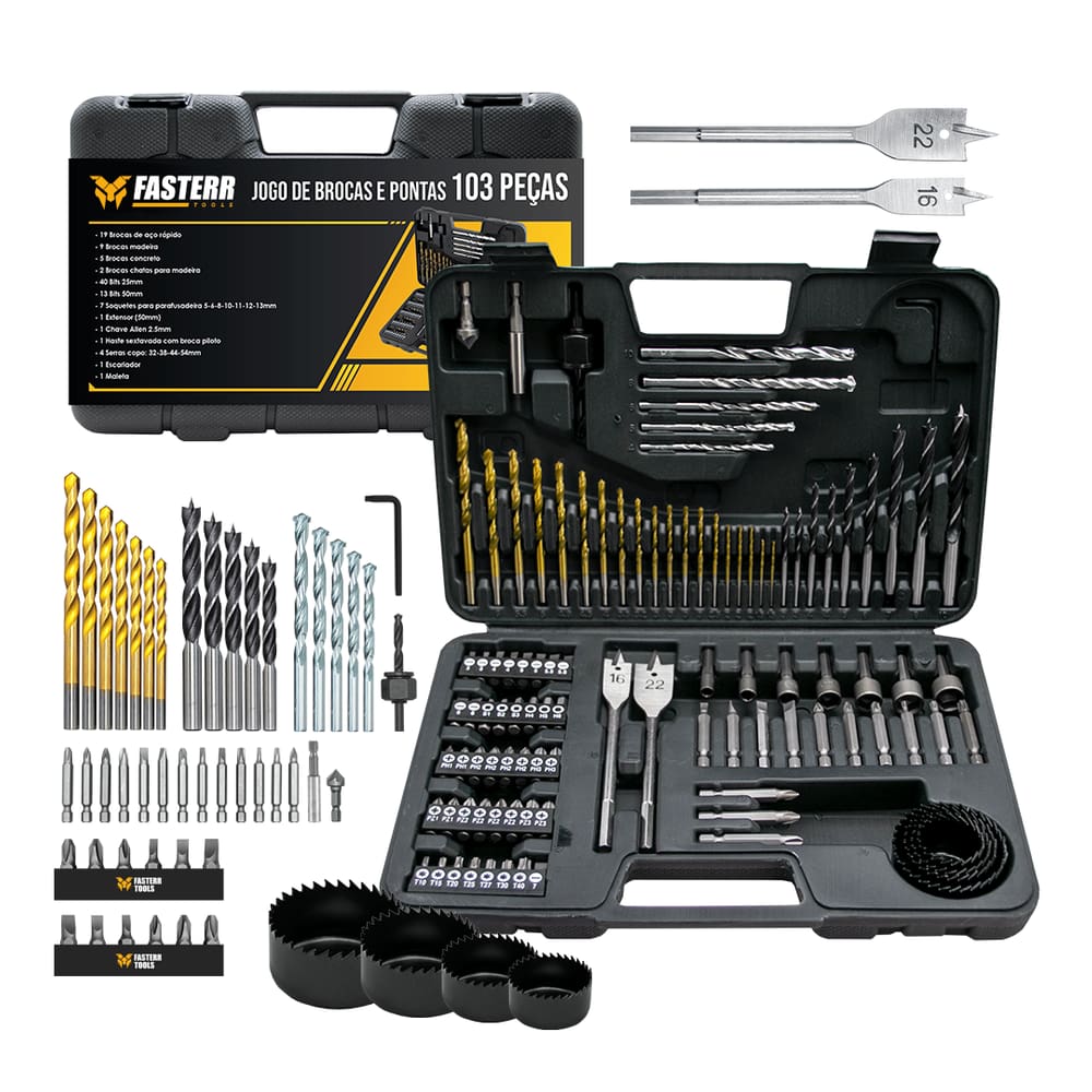 Jogo De Brocas/Ponteiras de Titanium 103 Peças Para Madeira Metal Concreto Fasterr - FST006