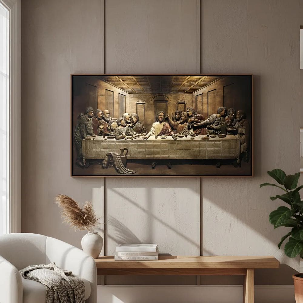 Quadro com Moldura Tecido Canvas Santa Ceia Com Jesus 63x93cm