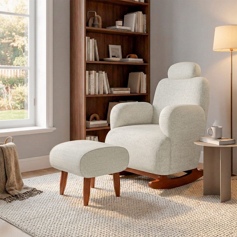 Poltrona de Balanço Orgânica Aurora com Puff Tecido Chenille Off-white