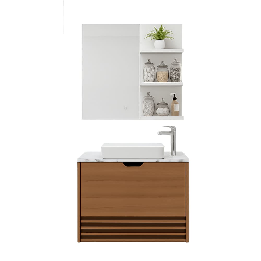 Kit Banheiro Vitalle Suspenso 80cm com Nicho e Espelheira 60cm Amêndola com Mármore