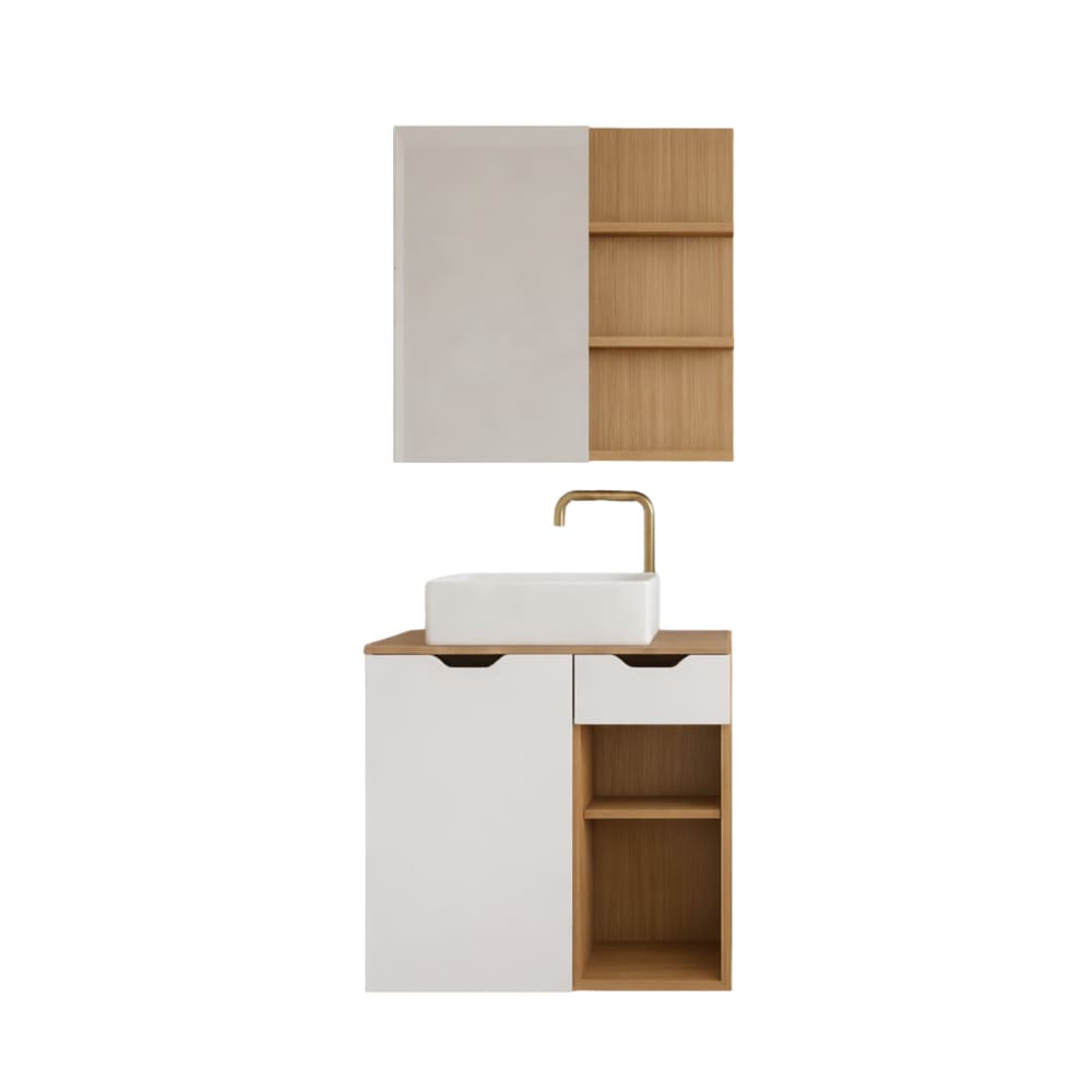 Kit Banheiro Prisma 60cm Amêndola e Branco Gabinete Ma e Espelheira Pri com Espelho e Prateleiras