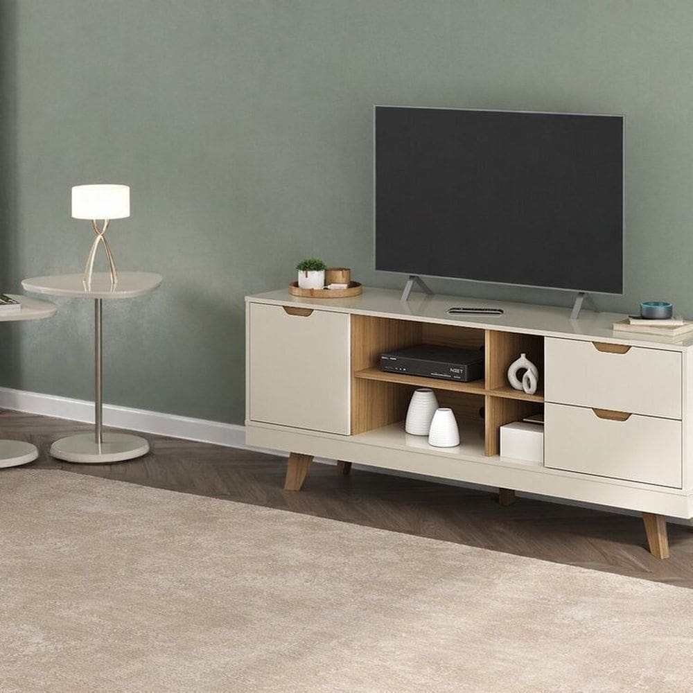 Conjunto Sala de Estar Mesa de Apoio Bel e Mesa de Apoio Bel Alta e Rack Michigan Off White/Carvalho