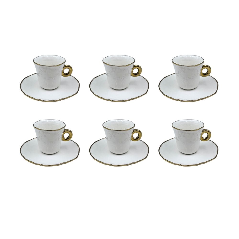 Conjunto 6 Xícaras de Café com Pires em Cerâmica Branca e Dourada 80ml PC2006 BTC