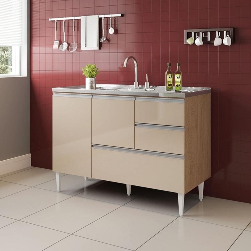 Balcão Maceió Para Pia 1,20 2 Portas Com Gavetão Amêndoa Off