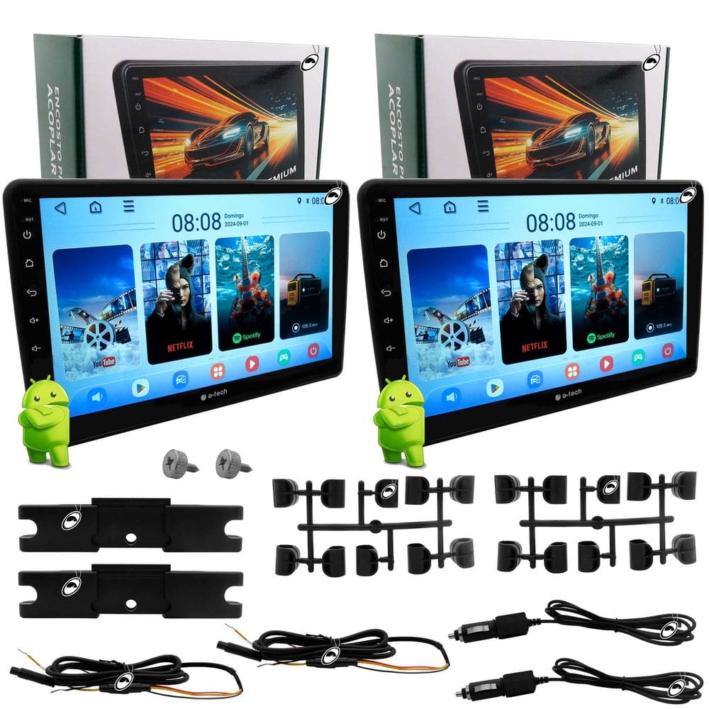 Par Encosto Monitor de Acoplar 10” Android com Android Auto e CarPlay USB E-Tech