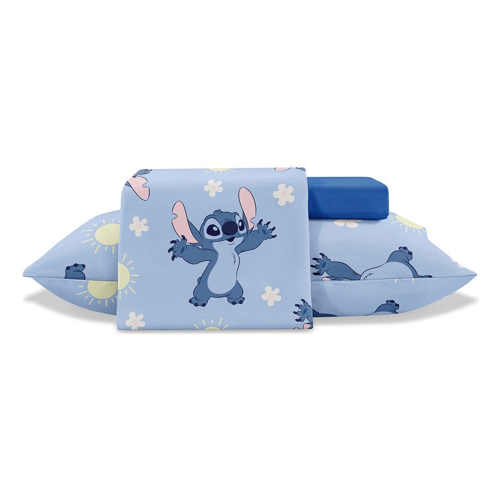 Jogo Lençol Solteiro Disney Stitch  Toque Seda 3 Pçs Jolitex Azul