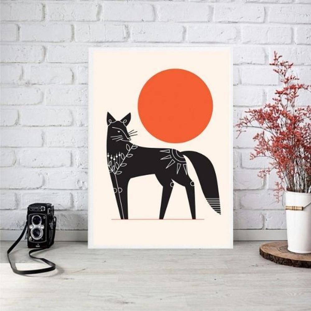 Quadro Decorativo Lobo Boho - Lua Vermelha 33X24Cm - Vidro