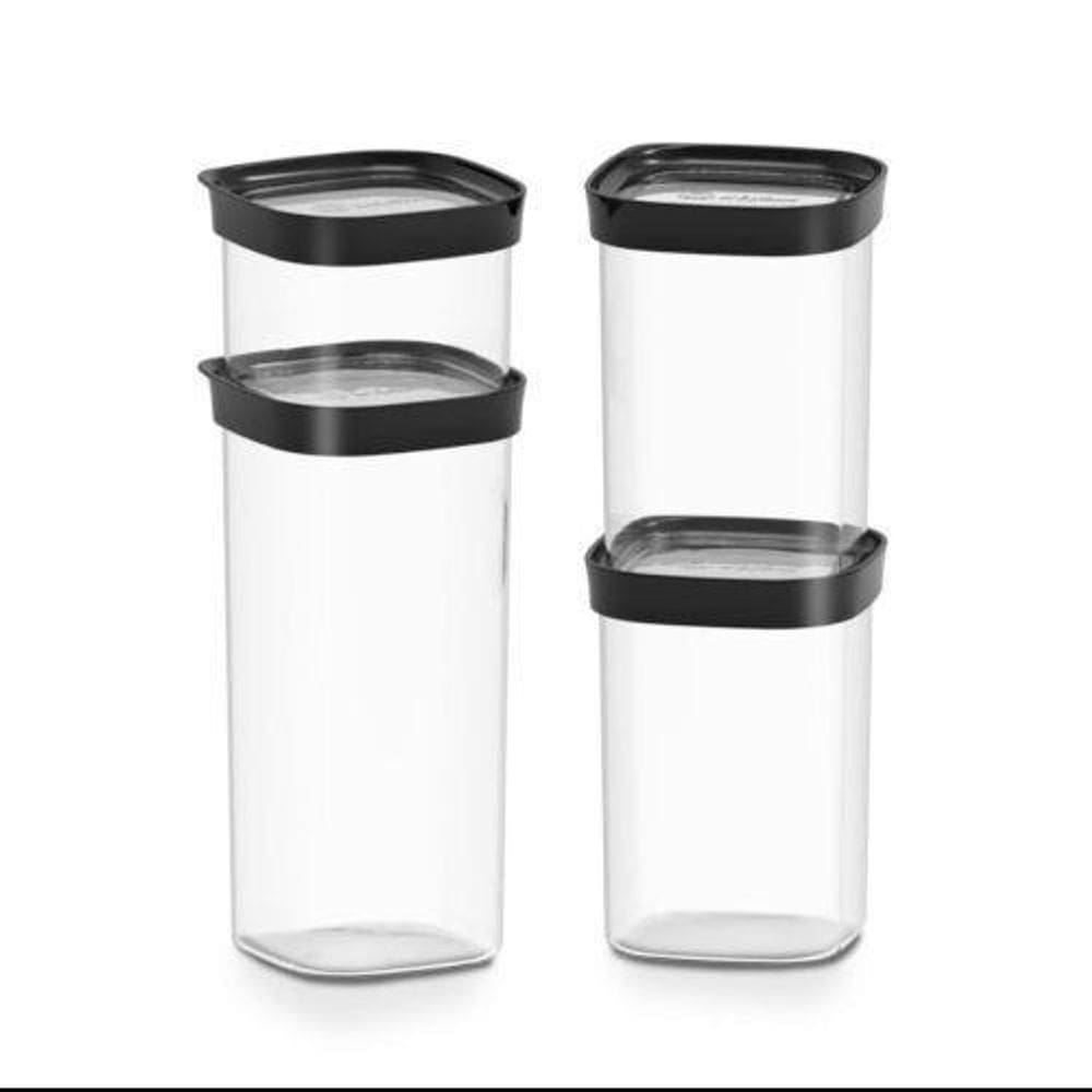 Kit 4 Potes Herméticos Transparente Com Tampa Preta