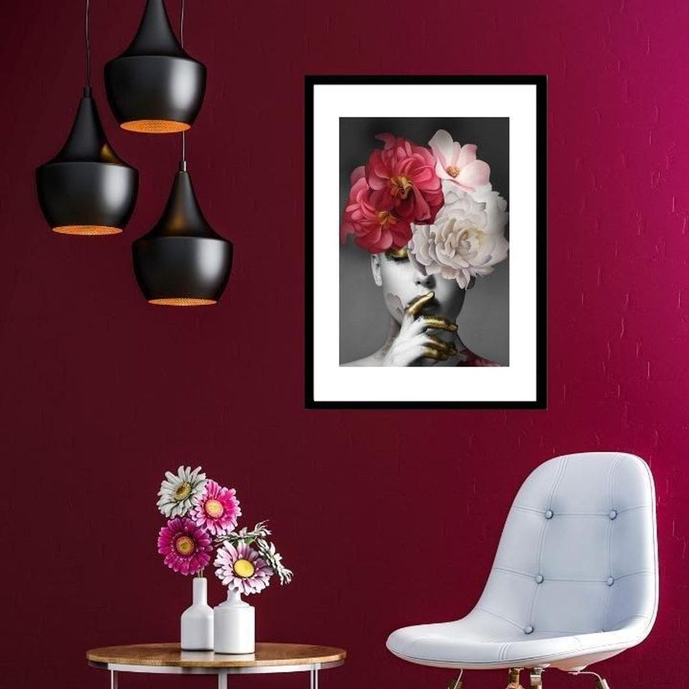 Quadro Moderno Mulher Cabeça Flores - 60X48Cm