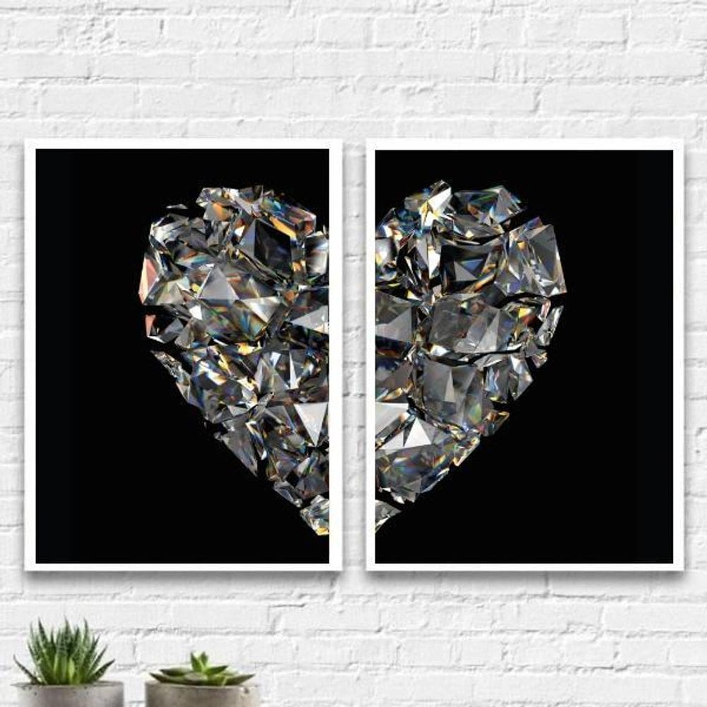 Kit 2 Quadros Coração De Diamantes 45X34Cm Com Vidro Branca