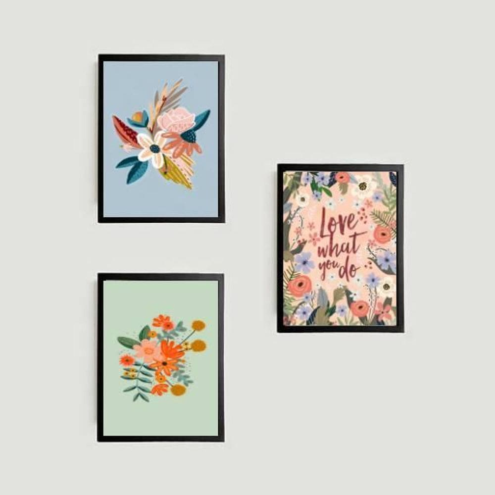 Kit 3 Quadros Florais Love What You Do 45X34 Com Vidro Preta