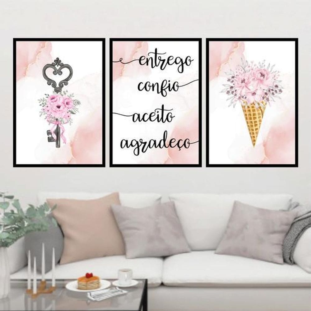 Kit 3 Quadros Entrego Aceito Confio Agradeço 60X40Cm Preta