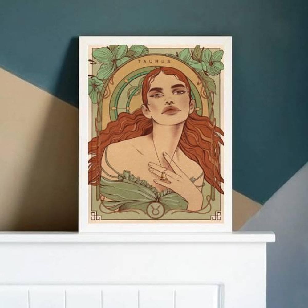 Quadro Vintage Signo Touro 45X34Cm Com Vidro Moldura Branca