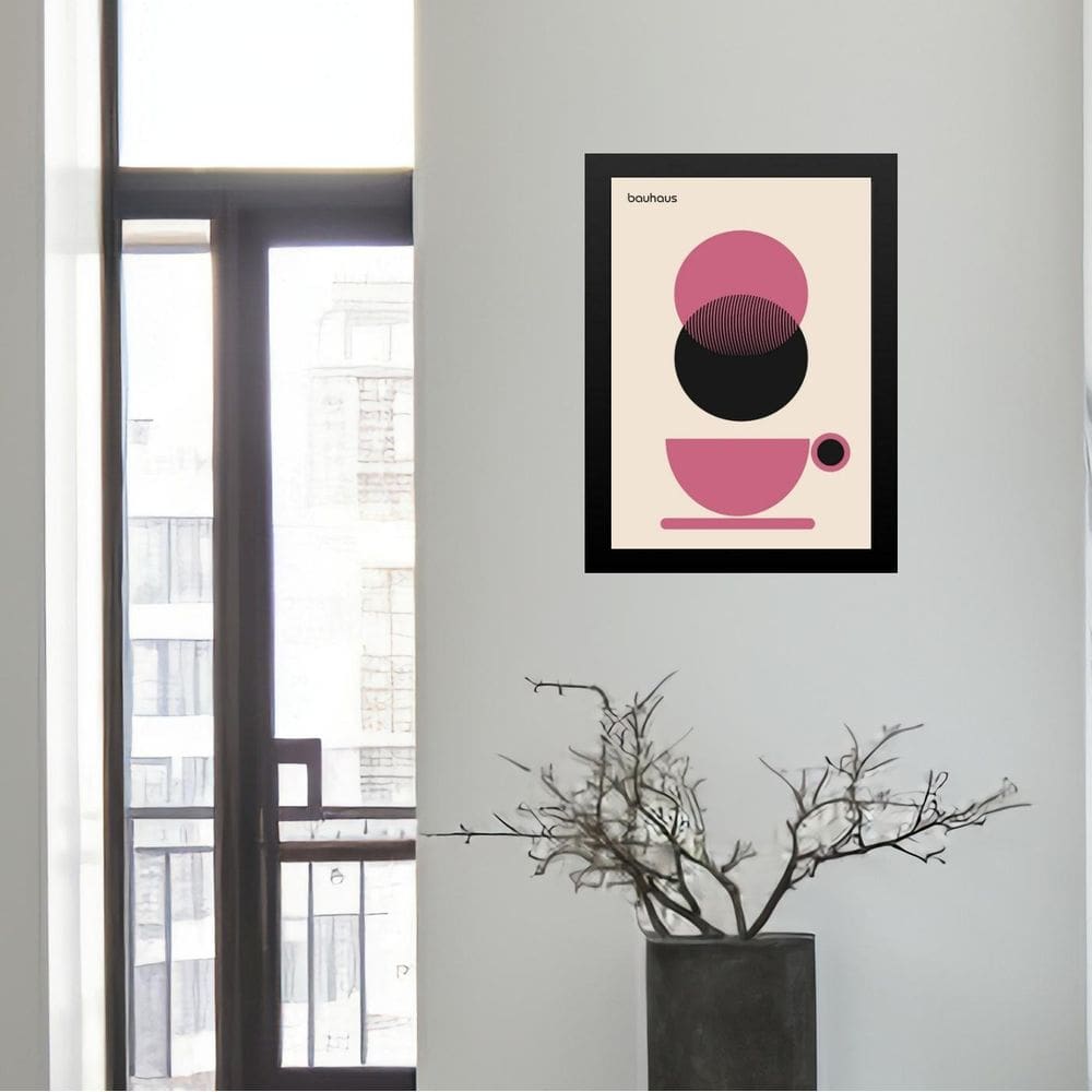 Quadro Bauhaus Xícara De Café - Rosa 24X18Cm - Com Vidro