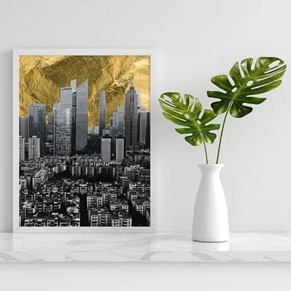 Quadro Cidade Cinza Com Céu Dourado 60X40Cm - Madeira Branca