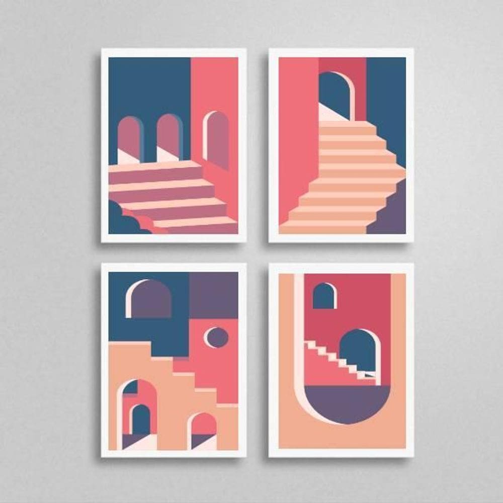 Kit 4 Quadros Figurativo Abstrato Rosa E Azul 45X34 Branca