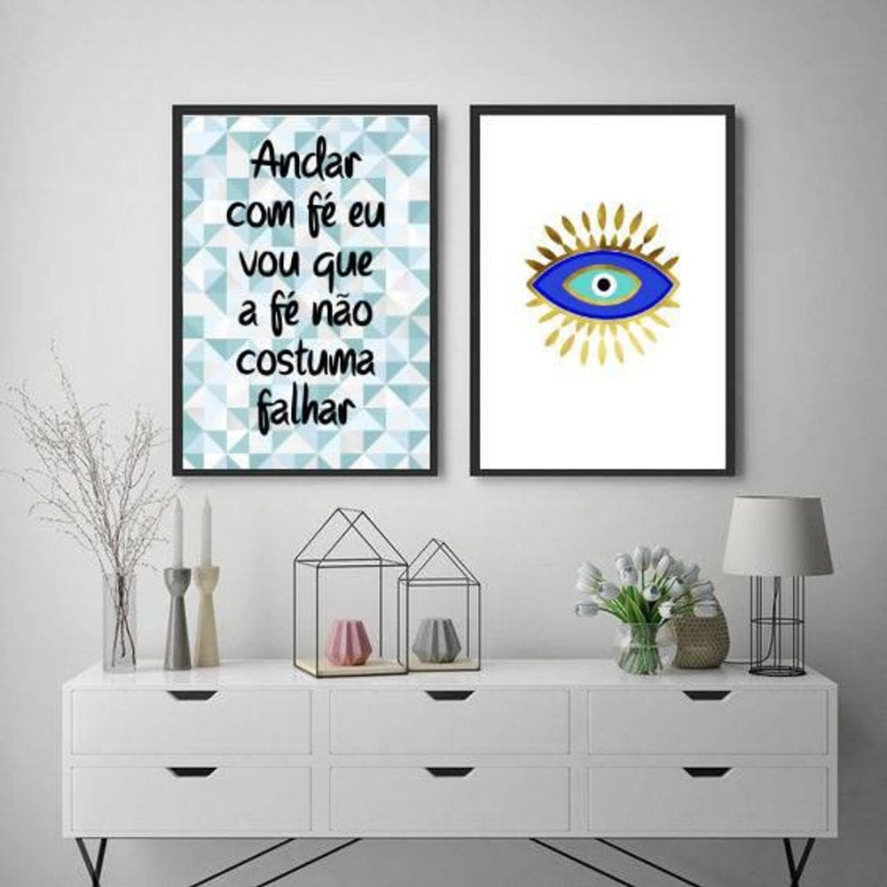Kit 2 Quadros Olho Grego Andar Com Fé 45X34Cm Moldura Preta