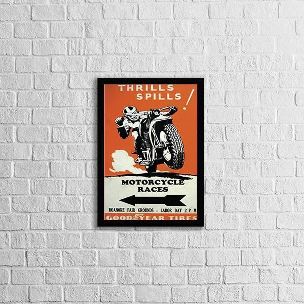 Quadro Cartaz Retrô Motorcycle Races 45X34Cm Com Vidro Preta