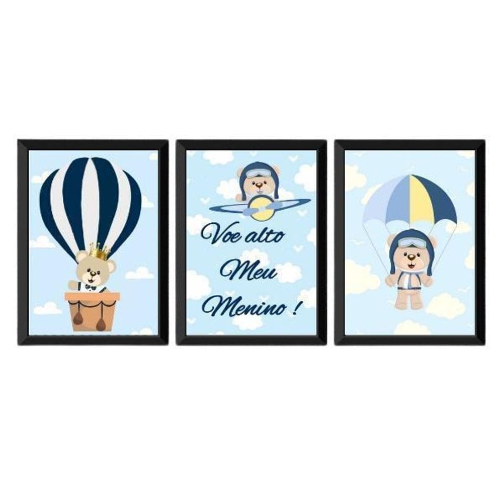 Kit 3 Quadros Infantis Voe Alto Ursinhos 45X34 Madeira Preta